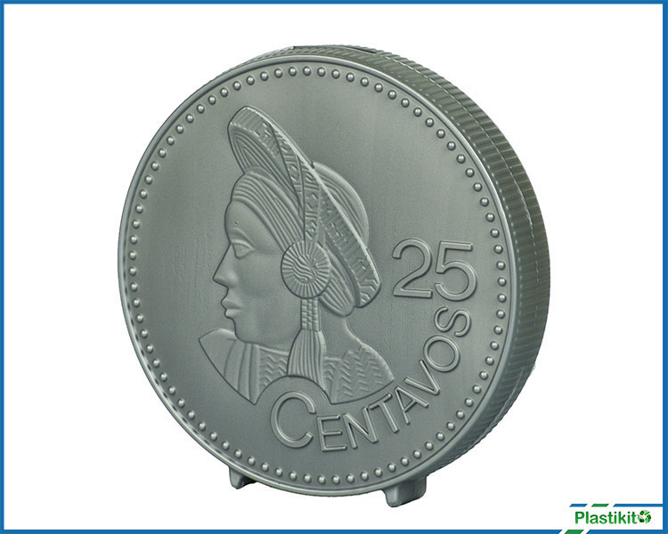 Alcancía plástica con forma de moneda de 25 Centavos.