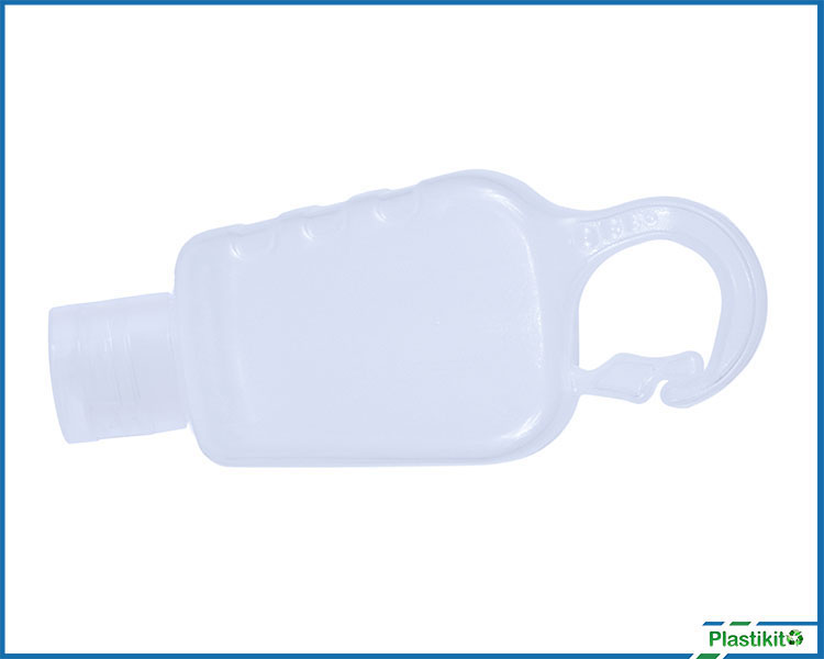 Envase rectangular transparente para gel antibacterial de 60 ml con clip para colgar.